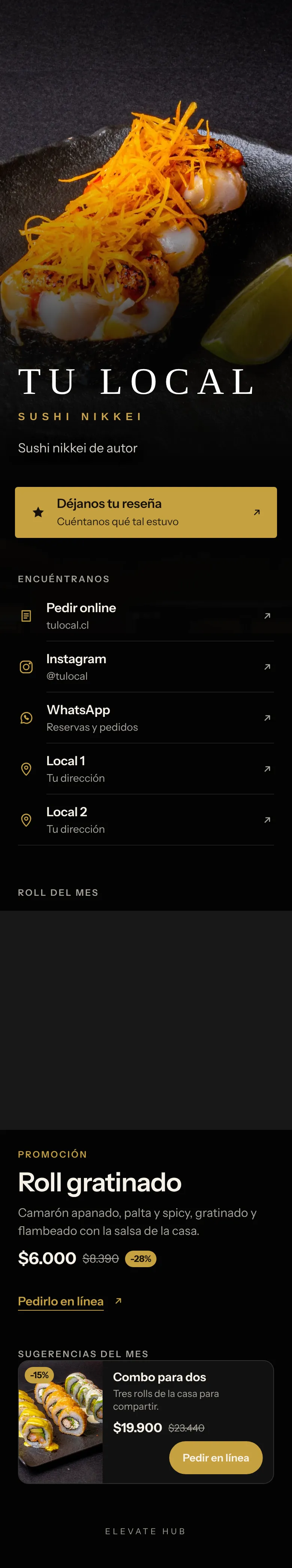 Página de un sushi nikkei: portada, botón para dejar reseña, pedir online, Instagram, WhatsApp, dos locales, roll del mes y sugerencias